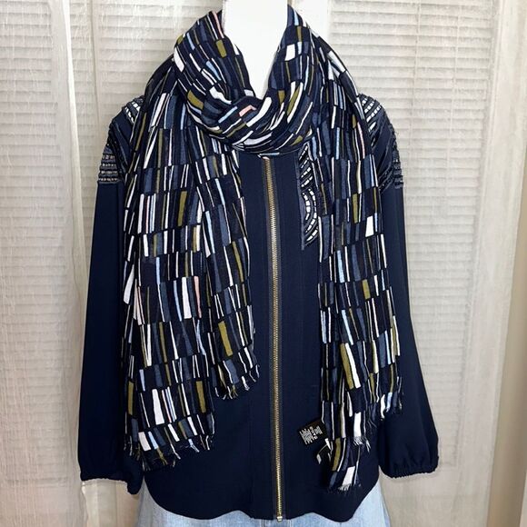 Ann Taylor Lightweight Rayon Navy Multi Linear Print Raw Fringe Edge Scarf Wrap - Picture 1 of 10
